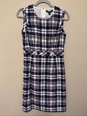 Brooks Brothers Sleeveless Tweed Navy & White Plaid Sheath Dress Size 6